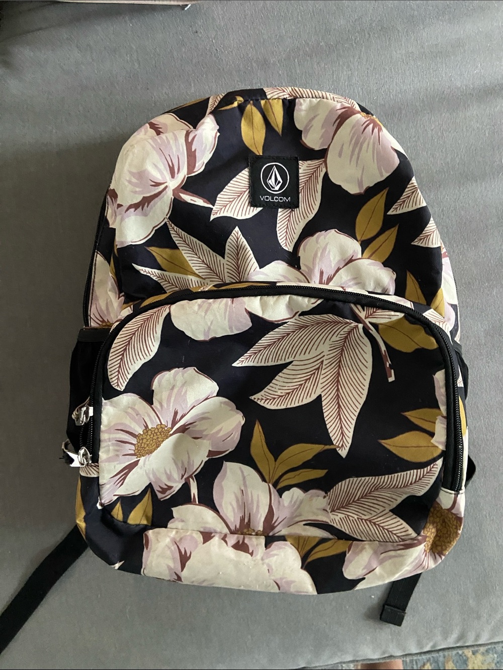 Volcom Black Floral Backpack with Cream & Mustard Accents